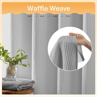 River Dream Gray Cotton Blend Fabric Shower Curtain Set with Liner, 71x74 | Waffle Weave, No Hook Needed, with Snap in Replacement Liner, Top Sheer Window, Hotel Quality Fabric for Bathroom