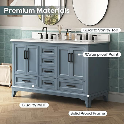 60 Inch Bathroom Vanity with Double Sink, Modern Solid Wooden Frame Bathroom Sink Cabinet with Soft Closing Doors & Dovetail Drawers, Quartz Countertop, Adjustable Feet, Steel Blue