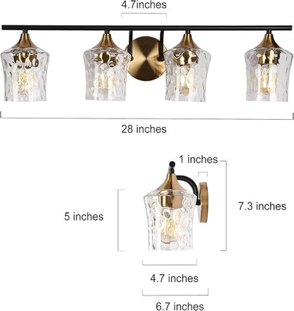 KSANA 28" Large Bathroom Vanity Lights, 4 Light Mid-Century Modern Vanity Light with Textured Glass Shade Black and Electroplated Brass Bathroom Light Fixtures for Hallway, Entryway