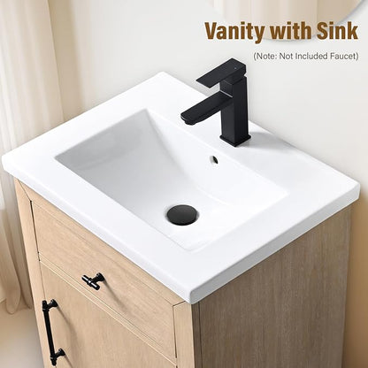 24 Inch Bathroom Vanity with Single Sink & Ceramic Top, MDF Material Vanity Cabinet with Basin Combo, Soft-Closing Doors, Removable Shelf, Backsplash