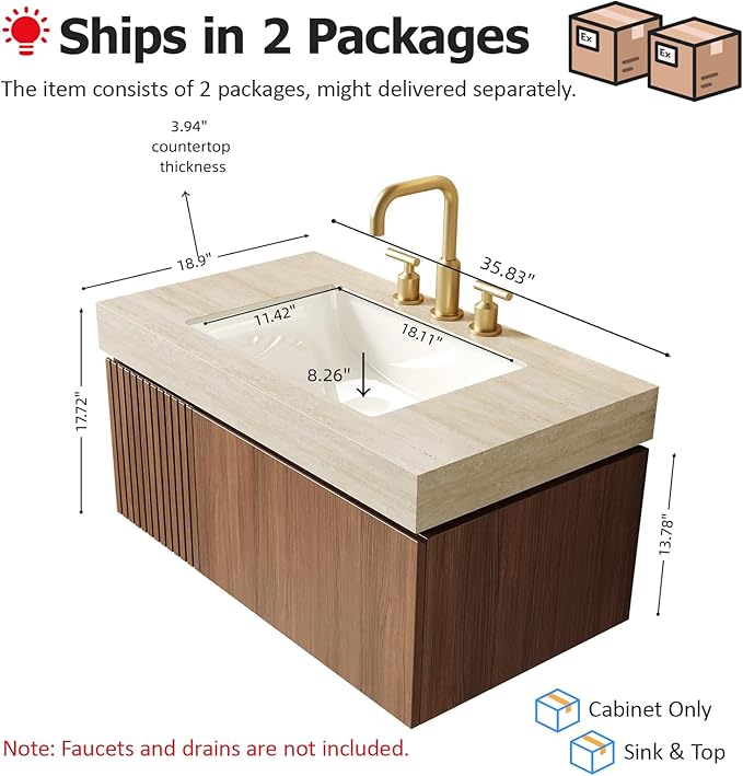 Ambrovina 36" Floating Bathroom Vanity with Sink, Modern Plywood Bathroom Storage Cabinet with Drawer and Door, Roma Travertine-Pattern Top with 3 Pre-drilled Faucet Holes Ceramic Basin, Dark Oak