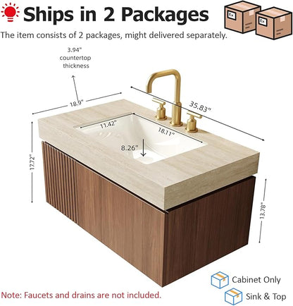 Ambrovina 36" Floating Bathroom Vanity with Sink, Modern Plywood Bathroom Storage Cabinet with Drawer and Door, Roma Travertine-Pattern Top with 3 Pre-drilled Faucet Holes Ceramic Basin, Dark Oak