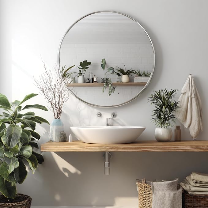 Silver Round Mirror 40 inch, Circle Mirror with Brushed Metal Frame | Brushed Nickel Metal Frame, High Definition, Rust-resistant, Easy installation, Restroom, Cloakroom, Guest Room, Hallway