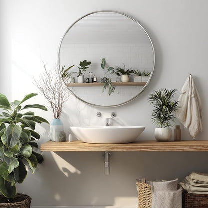 Silver Round Mirror 40 inch, Circle Mirror with Brushed Metal Frame | Brushed Nickel Metal Frame, High Definition, Rust-resistant, Easy installation, Restroom, Cloakroom, Guest Room, Hallway