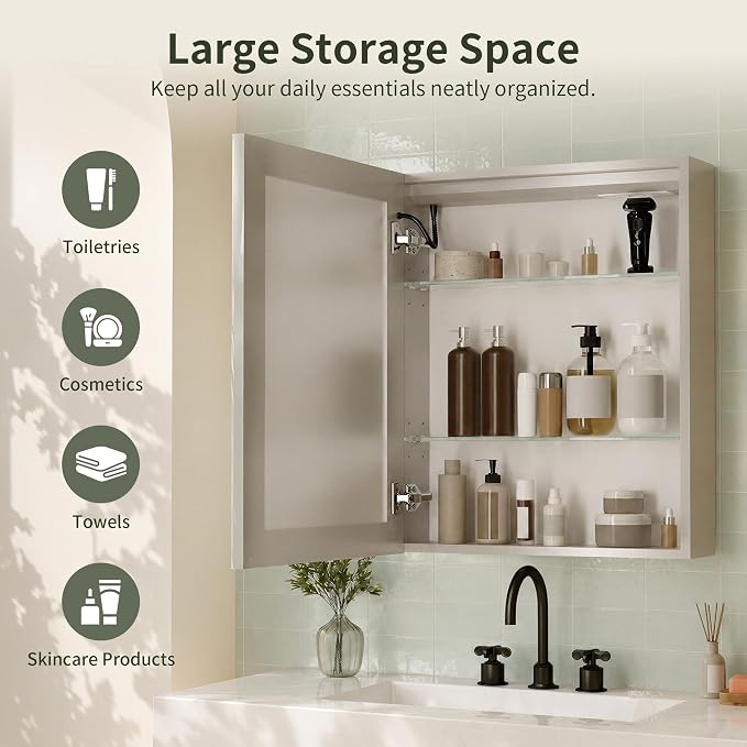 DeerValley LED Lighted Bathroom Medicine Cabinet with Mirror, 24''x30'' | Wall Mounted Mirror Cabinet with Socket, Dimmable Light, Anti-Fog, Adjustable Shelf, DV-1MC0499