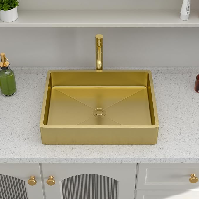 Logmey 19" Gold Shallow Bathroom Vessel Sink 19x15 Rectangle Handmade 16 Gauge Stainless Steel Above Counter RV Bathroom Sinks with Pop up Drain Set