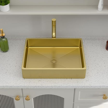 Logmey 19" Gold Shallow Bathroom Vessel Sink 19x15 Rectangle Handmade 16 Gauge Stainless Steel Above Counter RV Bathroom Sinks with Pop up Drain Set
