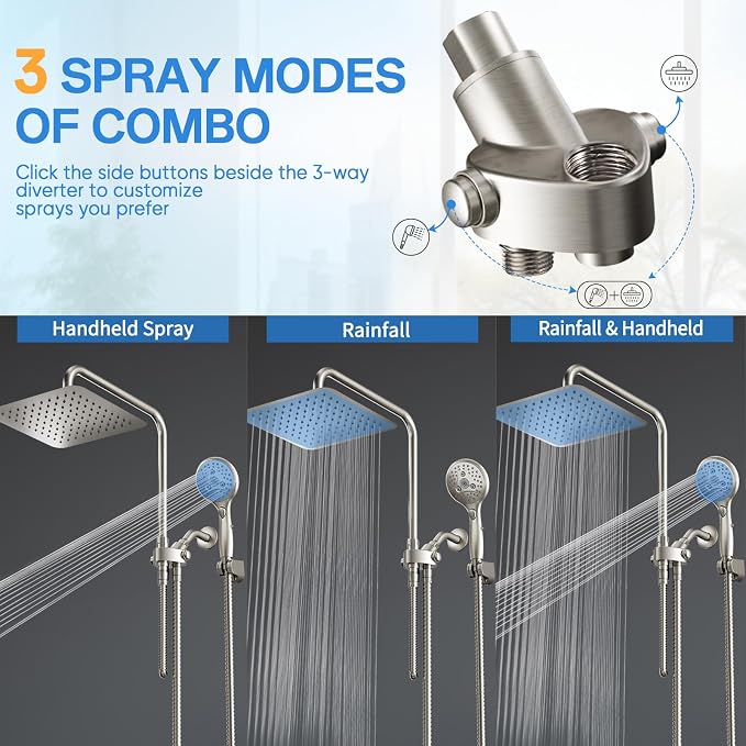VXV 10 Inch Big Square Rain/Rainfall Shower Head with Adjustable Height, High Pressure 7 Modes Shower Head with Handheld Spray, Brushed Nickel Dual Shower Head Combo with 71" Hose, 360° Rotation (BN)