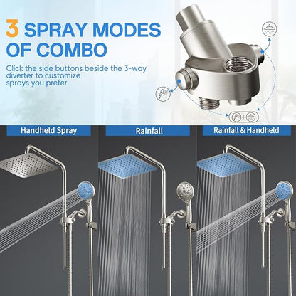 VXV 10 Inch Big Square Rain/Rainfall Shower Head with Adjustable Height, High Pressure 7 Modes Shower Head with Handheld Spray, Brushed Nickel Dual Shower Head Combo with 71" Hose, 360° Rotation (BN)