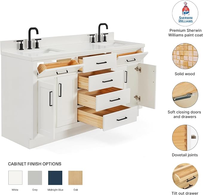 Isabella 66" White Double Bathroom Vanity, 1.5" Pure White Quartz Countertop, Rectangular Undermount Sinks, 4 Soft Closing Doors, 6 Dovetail Drawers