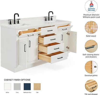 Isabella 66" White Double Bathroom Vanity, 1.5" Pure White Quartz Countertop, Rectangular Undermount Sinks, 4 Soft Closing Doors, 6 Dovetail Drawers