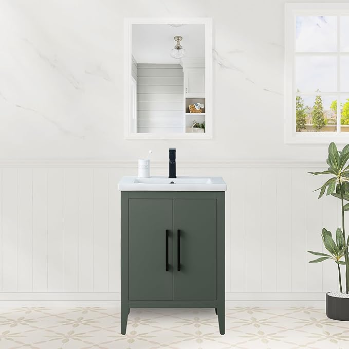 HomeBeyond 24 Inch Bathroom Vanity with Sink & Ceramic Top, Single Vanity Cabinet with Basin, Soft-Closing Doors & Matte Black Hardware, Vintage Green