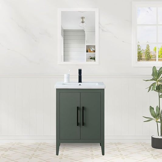 HomeBeyond 24 Inch Bathroom Vanity with Sink & Ceramic Top, Single Vanity Cabinet with Basin, Soft-Closing Doors & Matte Black Hardware, Vintage Green