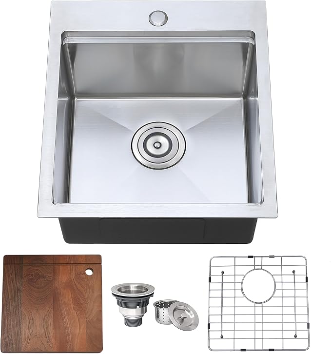 COMLLEN 17x19 Inch Drop in Bar Sink Brushed Nickel | cutting board, 304, 16 gauge, 9-inch deep, grid drain, workstation, outdoor, RV, laundry, kitchen
