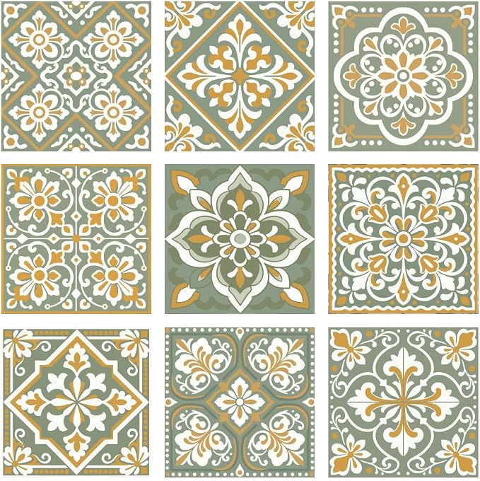36Pcs 9 Styles Bohemian Peel and Stick Tile 4 x 4 Inch Ceramic Tile Decals Square Green Boho Style Waterproof PVC Decals for Kitchen Bathroom Backsplash Furniture Staircase DIY Home Decor
