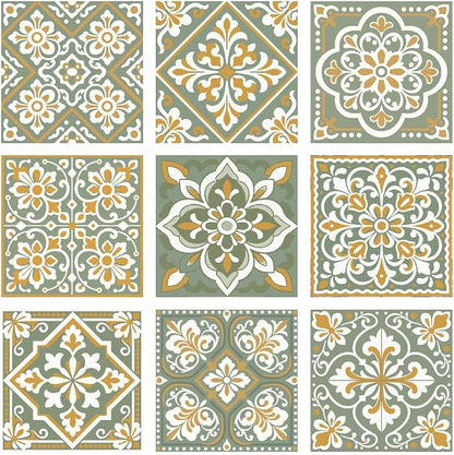 36Pcs 9 Styles Bohemian Peel and Stick Tile 4 x 4 Inch Ceramic Tile Decals Square Green Boho Style Waterproof PVC Decals for Kitchen Bathroom Backsplash Furniture Staircase DIY Home Decor