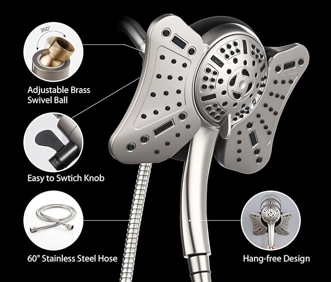 GRICH Shower Head with Handheld Spray - Dual High Pressure Showerhead | Rainfall Shower Heads Combo, Detachable Hand Shower, 9 Spray Settings, 60" Stainless Steel Shower Hose, 1.8GPM, Nickel