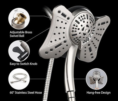GRICH Shower Head with Handheld Spray - Dual High Pressure Showerhead | Rainfall Shower Heads Combo, Detachable Hand Shower, 9 Spray Settings, 60" Stainless Steel Shower Hose, 1.8GPM, Nickel