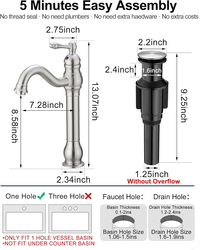 Single Handle Bathroom Faucet Brushed Nickel, Brass Vessel Sink Faucet 360 Degree Swivel Tall Bathroom Sink Faucet 1 Hole, Bathroom Faucets with Pop-up Drain & Aerator for Hotels Modern No Noise