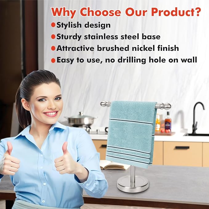 Hand Towel Holder, T-Shape Hand Towel Stand for Bathroom, Stand Hand Towel Rack Free-Standing Towel Bar for Bathroom Kitchen Countertop, Stainless Steel (Brushed Nickel)