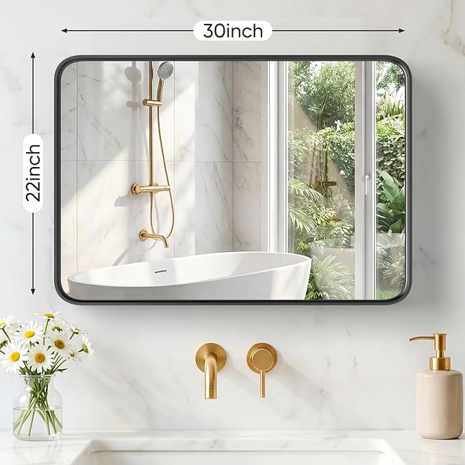 30x22 Inch Bathroom Mirror for Over Sink, Vanity Mirror | Metal Framed Rounded Rectangle,for Wall, Farmhouse, Restroom, Anti-Rust, Horizontal or Vertical Hanging, Black