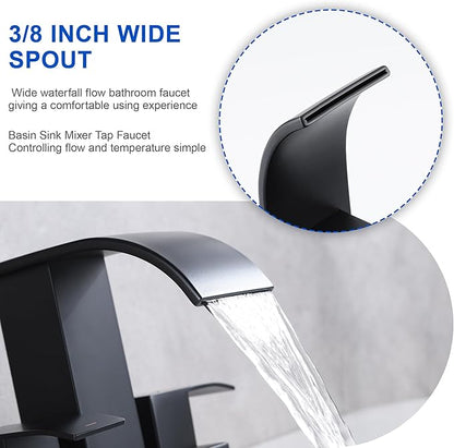 Black Waterfall Bathroom Sink Faucet with Pop up Sink Drain Stopper Overflow for Faucet Vessel, 4 Inch 2 Handles 2 or 3 Holes Centerset Faucet for Lavatory Bathroom Sink with Supply Lines