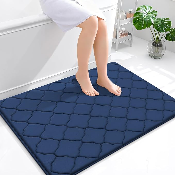 OLANLY Memory Foam Bath Mat Rug 40x32, Ultra Soft and Absorbent Bathroom Rugs, Non-Slip, Comfortable, Machine Washable Bath Carpet for Bathroom Floor, Tub, Shower and Home Decor Accessories, Navy
