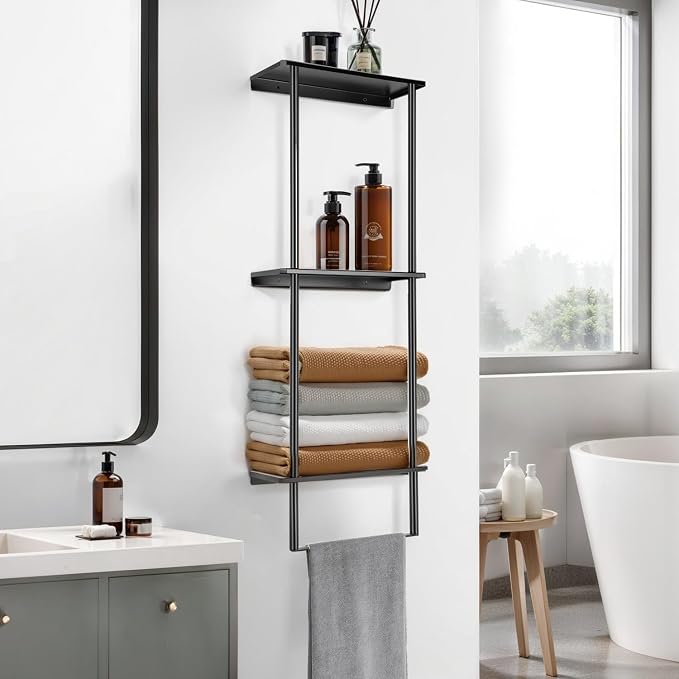 Bathroom Towel Rack, Towel Storage for Bathroom, 3 Tier Towel Rack with Shelf and Towel Bar, Towels Storage and Organizer - Matte Black