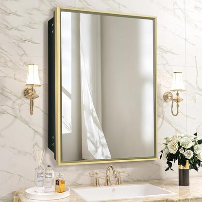 Bathroom Medicine Cabinet with 24x30 Inch Mirror - Recessed or Surface Mount Vanity Storage Cabinet｜ Antique Brush Gold Finish ｜ Rustic Farmhouse Bathroom Mirror Cabinet