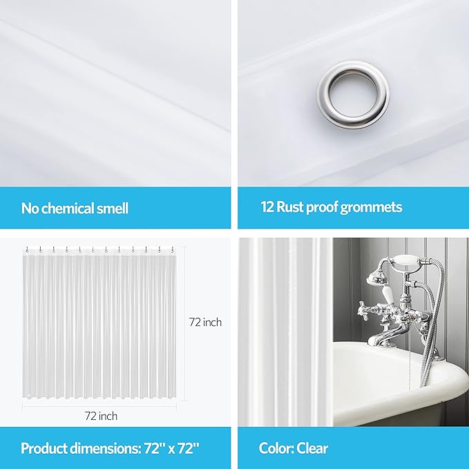 EHZNZIE Clear Shower Curtain Liner Light Weight PEVA, Shower Liner 72x72 Inches, Waterproof, No Chemical Smell with 12 Rust Proof Metal Grommets Holes for Bathroom Shower Curtain