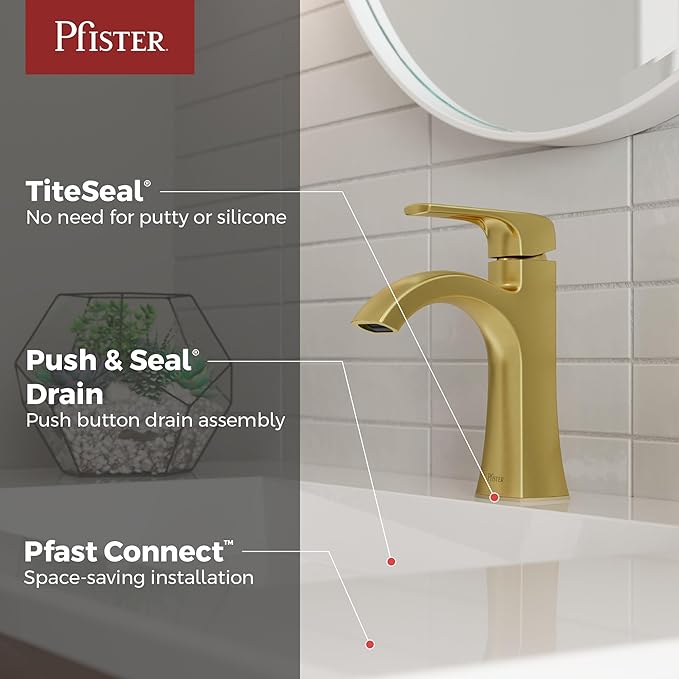 Pfister Bruxie Bathroom Sink Faucet, Single Control, 1-Handle, Single Hole, NSF Certified, Brushed Gold Finish, LF042BIEBG