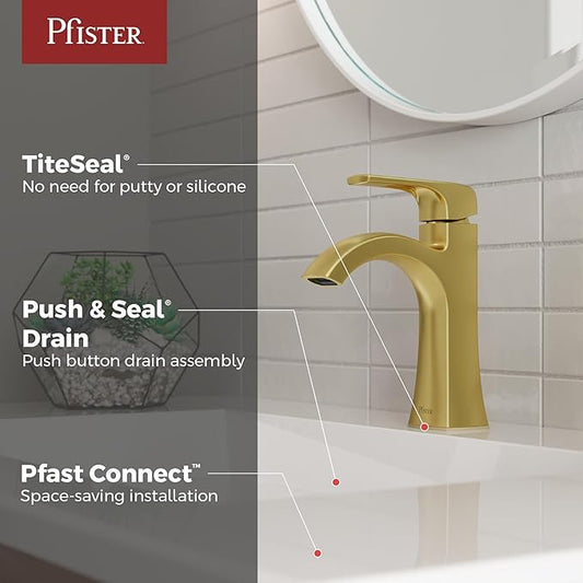 Pfister Bruxie Bathroom Sink Faucet, Single Control, 1-Handle, Single Hole, NSF Certified, Brushed Gold Finish, LF042BIEBG