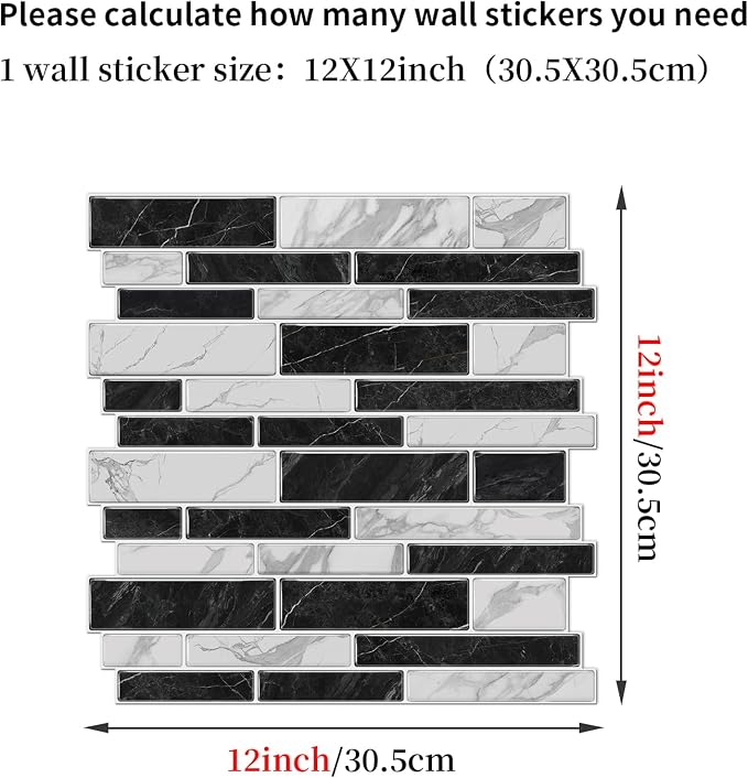 Alwayspon 10 Sheets 12" x12inch Black and White Marble Effect Vinyl Tiles, Backsplash, Self-Adhesive Peel and Stick Wall Tile Stickers, Stick on Subway Tiles for Kitchen Bathroom Wall Decor