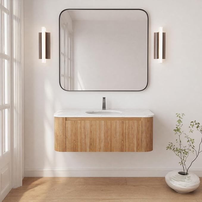 42 Inch Wall Mounted Bathroom Vanity with Ceramic Sink, Pre-Assembled Floating Vanity Cabinet with Cararra Artificial Countertop, Wave Texture Finish & Drawer, Wood
