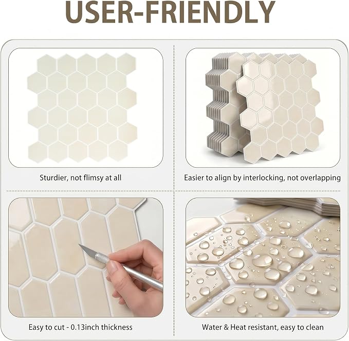 Arttown Peel and Stick 3D Wall Backsplash, 10-Sheet, 12" × 12" Cream Ivory | Subway Tile Self Adhesive Thicker Design Wall Tiles Panel Wallpaper for Bathroom Balcony Kitchen