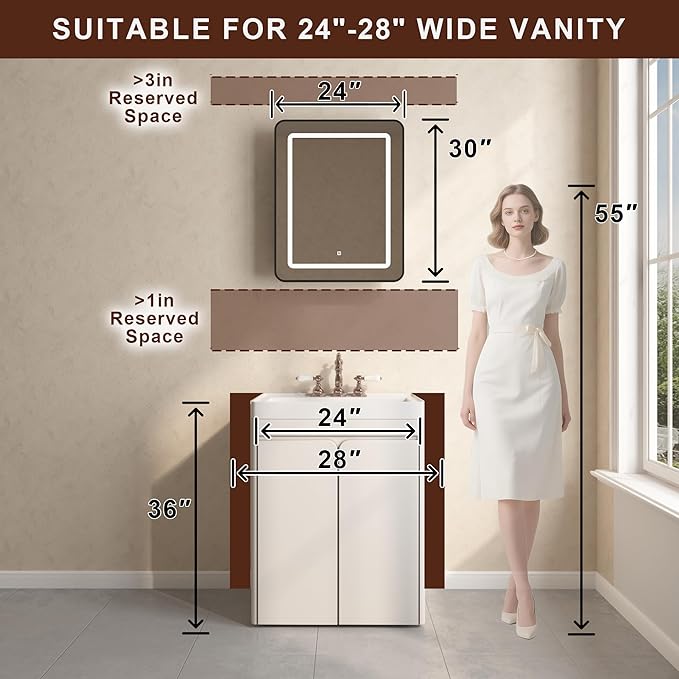 24 x 30 Inch LED Medicine Cabinet with Mirror, Recessed or Surface Mount, Soft Close Hinges, Adjustable Shelves, Black