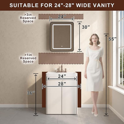 24 x 30 Inch LED Medicine Cabinet with Mirror, Recessed or Surface Mount, Soft Close Hinges, Adjustable Shelves, Black