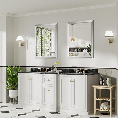 28x36 Inch Brushed Silver Bathroom Mirror for Wall, Thick Metal Framed Rectangle Mirrors for Over Sink, Bedroom, Living Room, Entryway, Anti-Rust, HD Tempered Glass