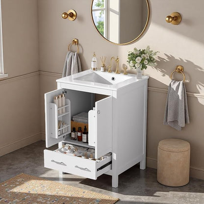24" Freestanding Bathroom Vanity with Sink, Floor Stand Bathroom Storage Cabinet with Ceramic Sink, Doors with Double-Layered Storage Shelves, Modern Compact Vanity with Divided Drawer, White