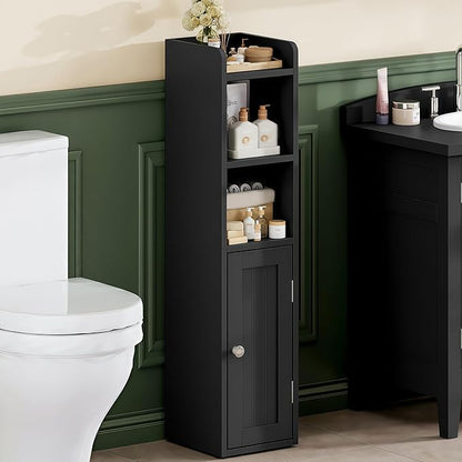 ChooChoo Small Bathroom Storage Cabinet, 7.1“W * 7.9”D Corner Floor Cabinet with Door and Adjustable Shelf, Narrow Toilet Paper Cabinets, Slim Bathroom Organizers for Small Spaces and Bathroom, Black