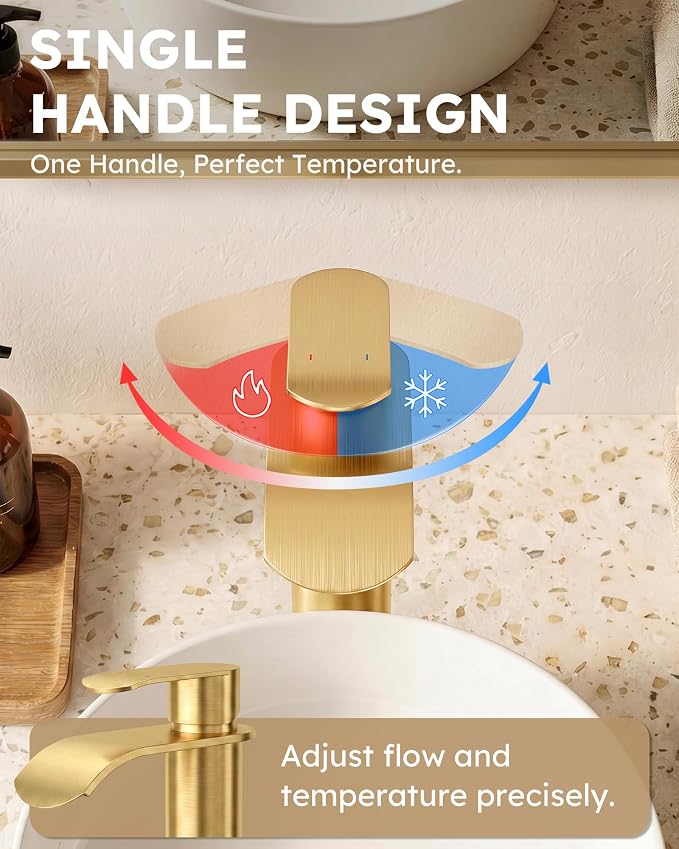 Vessel Sink Faucet Gold for Bathroom：WOWOW Single Handle Tall Bathroom Faucet - Waterfall Single Hole Mixer Bar Tap with Large Rectangular Spout, Deck Mount Lavatory Vanity with Pop Up Drain