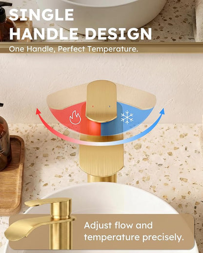 Vessel Sink Faucet Gold for Bathroom：WOWOW Single Handle Tall Bathroom Faucet - Waterfall Single Hole Mixer Bar Tap with Large Rectangular Spout, Deck Mount Lavatory Vanity with Pop Up Drain