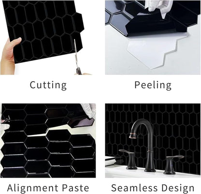 10-Sheet Long Hexagon Peel and Stick Kitchen Backsplash Tiles | 3D Waterproof Self-Adhesive Wall Tile Stick on Backsplash for Kitchen, Bathroom, Fireplace,RV(Black,12"×12")