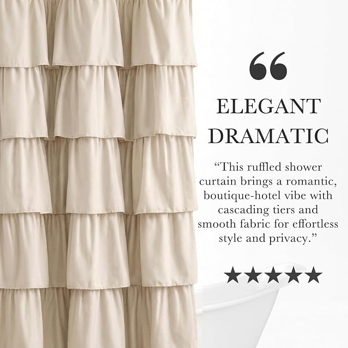 Seasonwood Small Beige Ruffle Shower Curtain Natural Farmhouse, 72"x72" | Cascading full-length fabric tiers, soft dimensional texture, vintage shabby chic styling for decorative bathroom updates