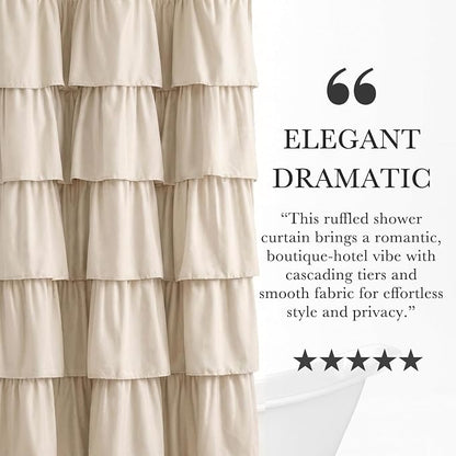 Seasonwood Small Beige Ruffle Shower Curtain Natural Farmhouse, 72"x72" | Cascading full-length fabric tiers, soft dimensional texture, vintage shabby chic styling for decorative bathroom updates