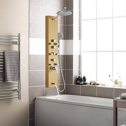 ROVOGO Gold Shower Panel Tower System, 4-Function (Rain Shower, Handheld Sprayer, Body Jets, Tub Spout) with Simultaneous Use Option, Stainless Steel Shower Column with Adjustable Head, 43.3"