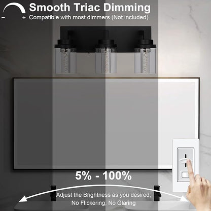 MELUCEE 3-Light LED Bathroom Light Fixtures Over Mirror 5 Color Temperature | Modern Bathroom Vanity Lights 5CCT Black Vanity Light with Bubble Crystal and Clear Glass Shade, Built-In LED Chips