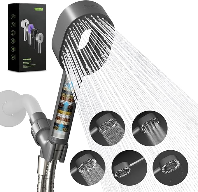 Hibbent Filtered Showerhead with handheld, High Pressure 5 Sprays Shower | Gray Shower Head, Brass Holder & 71" Metal Hose, Water Softener for Hard Water-Remove Chlorine, Reduces Dry Itchy Skin