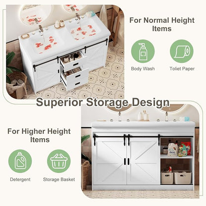 48" White Farmhouse Double Bathroom Vanity, 2 Ceramic Sinks, Freestanding with 2 Sliding Doors, 2 Drawers & Shelves, Actual 47.3" L x 19.7" W x 35.5" H
