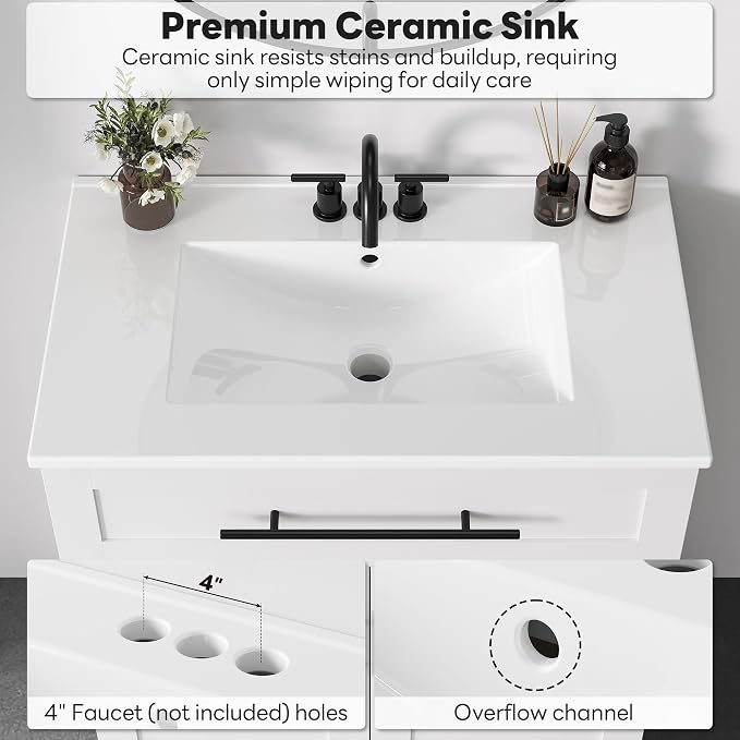 LIKIMIO 30" Bathroom Vanity with Sink, 1 U-Shaped Drawer & 2 Doors, White | Freestanding Bathroom Vanity, Integrated Ceramic Sink, Soft-Close Doors & Drawer, Modern Bathroom Storage Cabinet